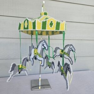 VTG Plastic Canvas Carousel Horse Hanging Windchime Decor Yellow Green Baby
